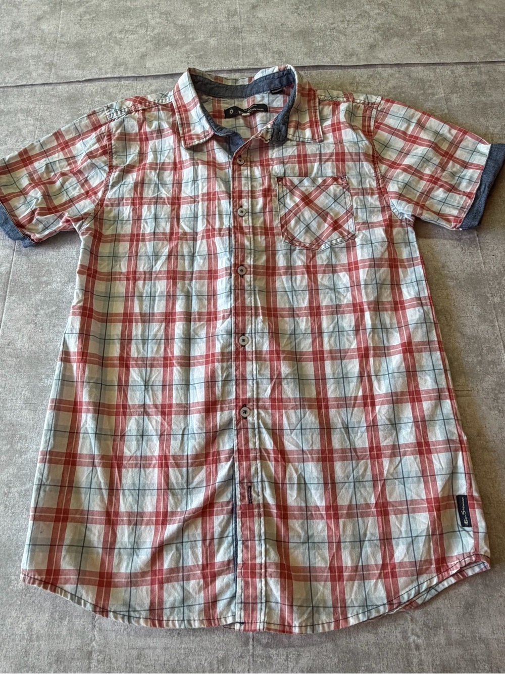 Ben Sherman Boys S/S button down shirt L red/white/blue plaid, denim cuff, USA
